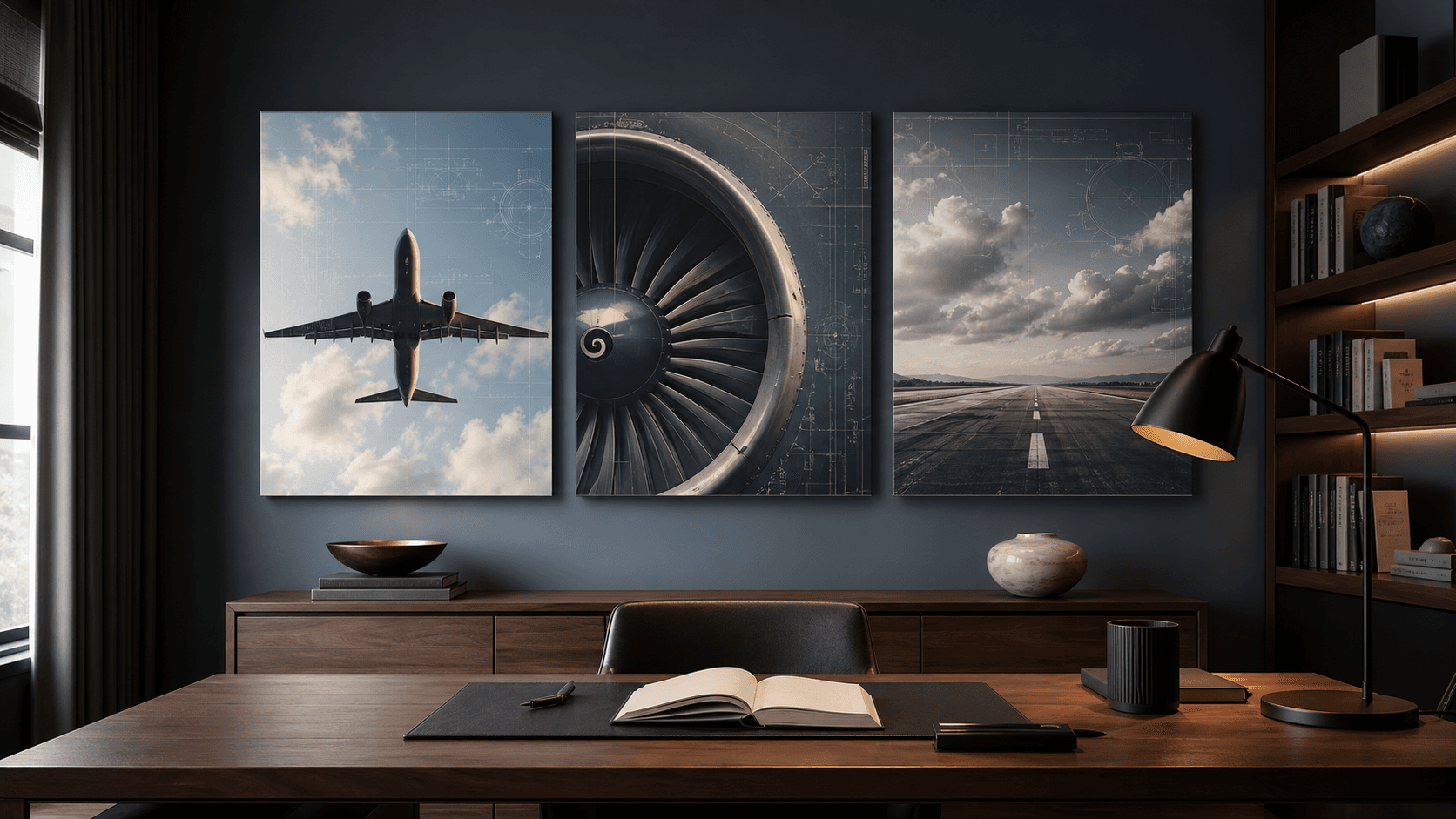 Tailored study with three aircraft wall art canvases, warm wood furniture and subtle engineering linework.