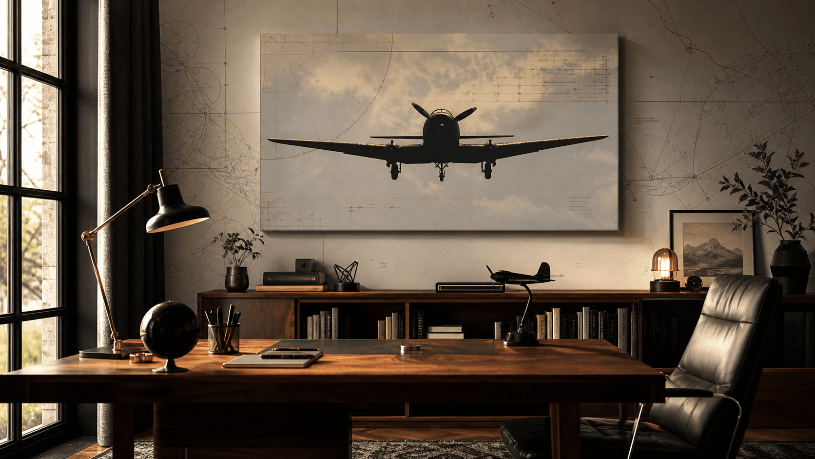 Tailored home office with a large airplane canvas, warm wood furniture and subtle technical linework.