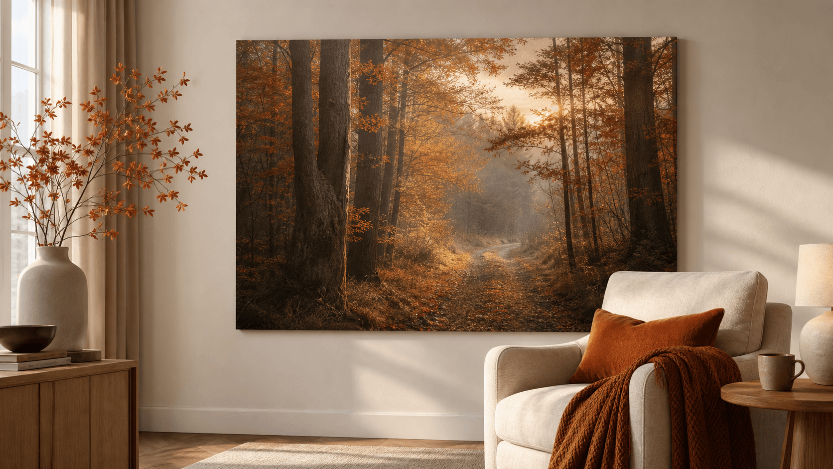 Neutral reading corner with a large autumn forest canvas, rust textiles and soft winter light.