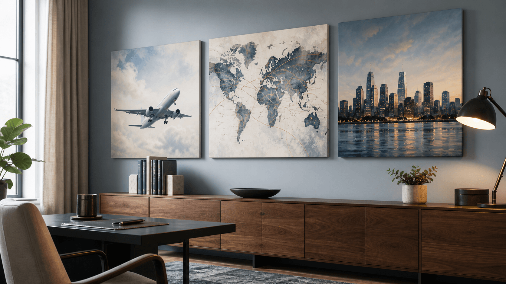 Three-print aviation gallery wall with airplane, world map and skyline canvas art above a modern credenza.