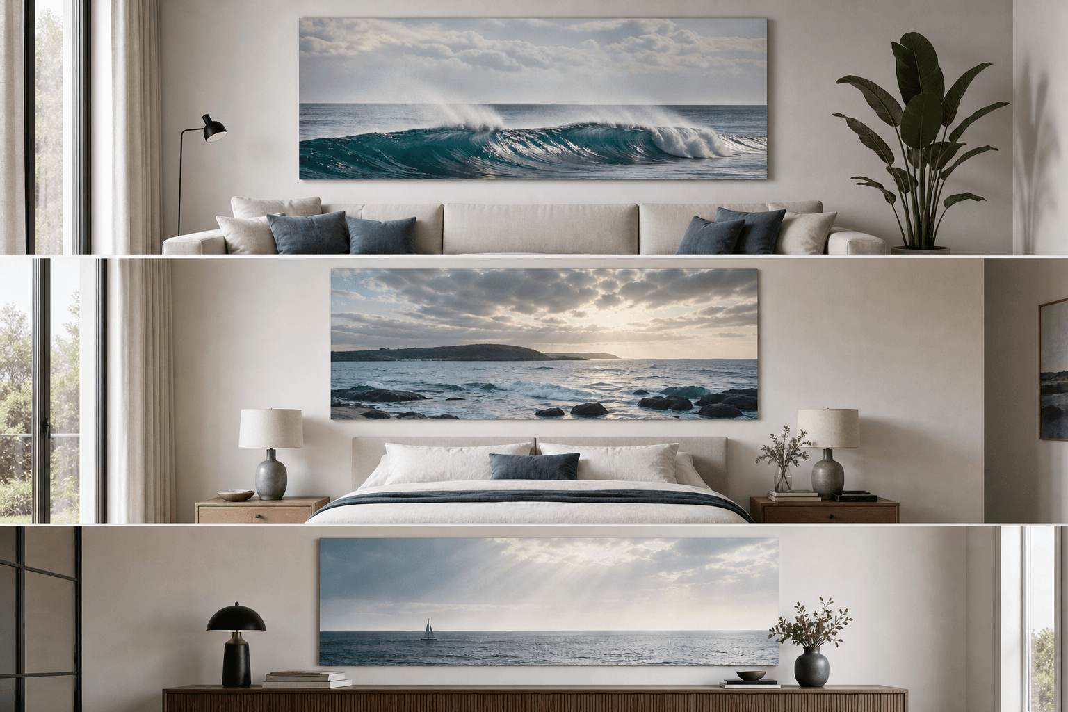 Three modern room mockups each showing one large seascape canvas above a sofa, bed and office console.