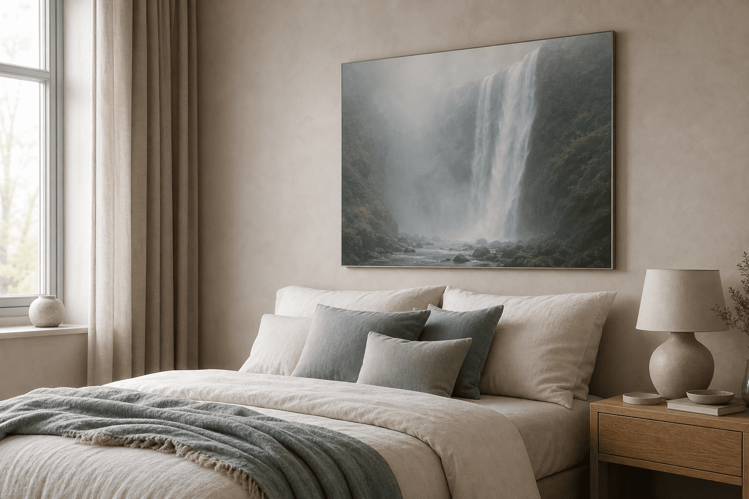 A calm bedroom with a misty waterfall print above warm linen bedding.