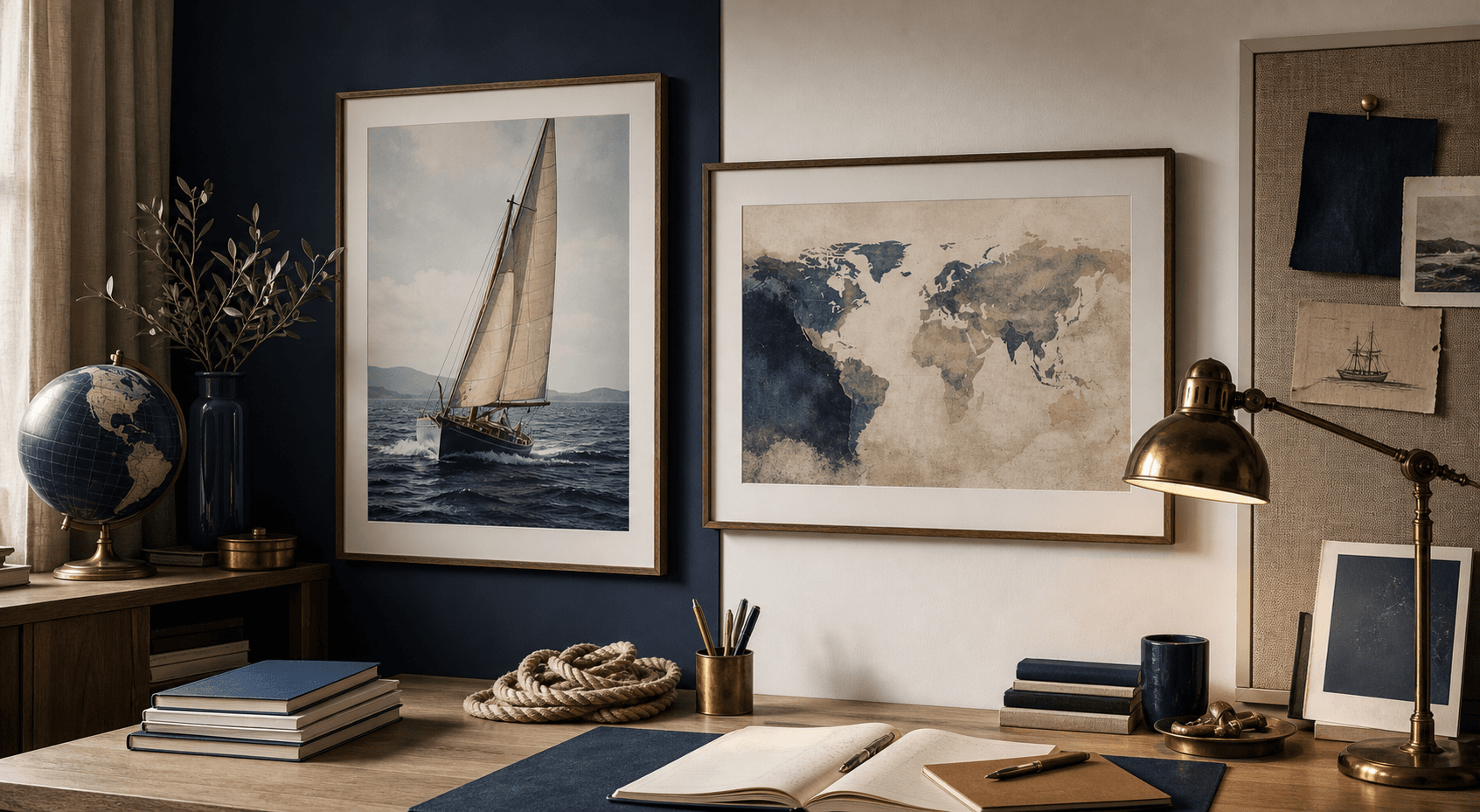 Modern study wall with framed sailboat and world map wall art beside a brass desk lamp.