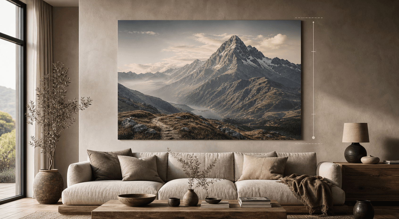 A warm neutral living room with a large mountain wall painting above a low sofa and subtle height guide marks.