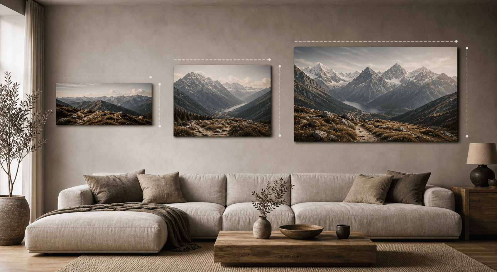 Three mountain canvas sizes on a warm neutral living room wall above a low sofa with subtle measurement marks.