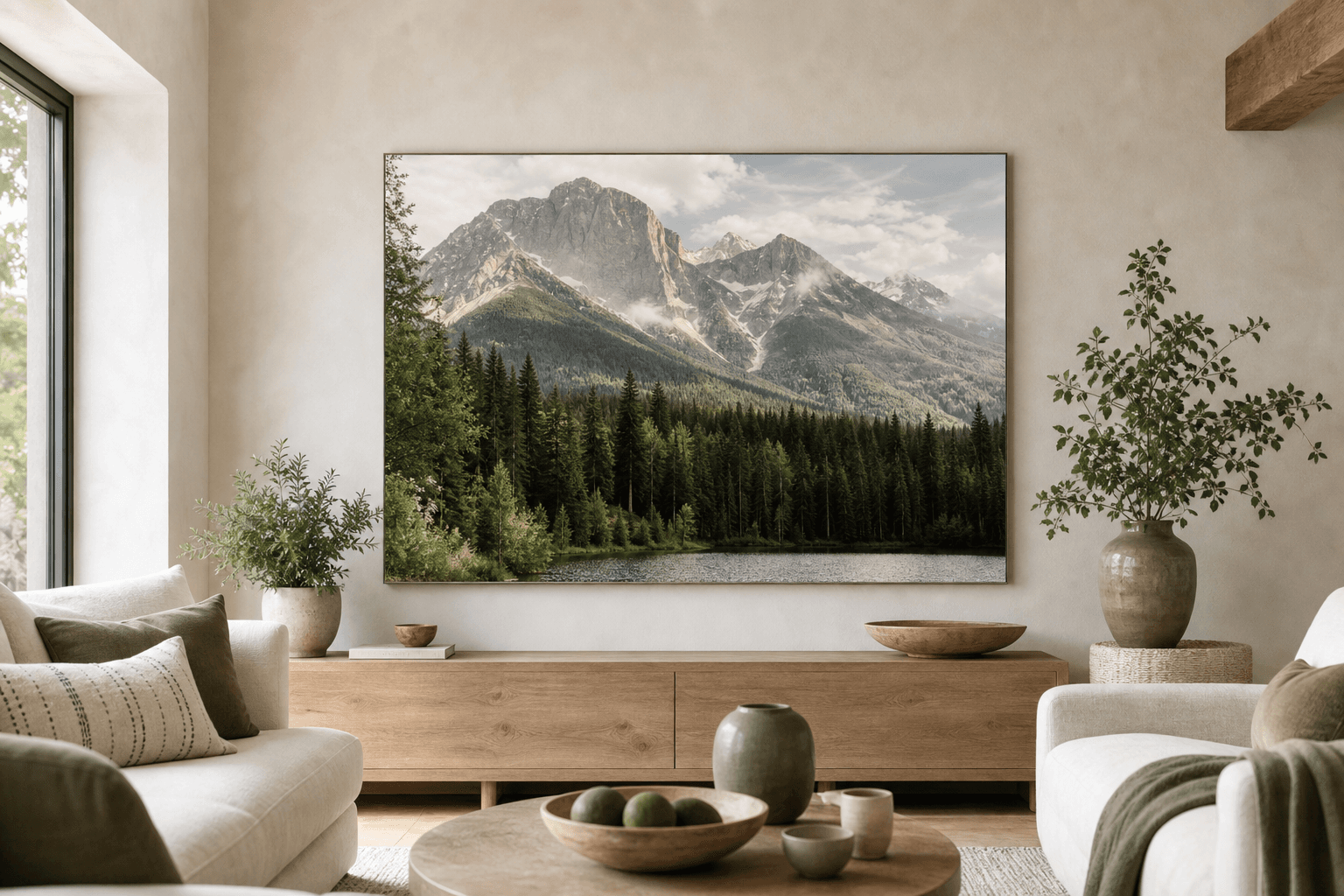 Modern flat with a large mountain and forest canvas placed like a window above a low console.