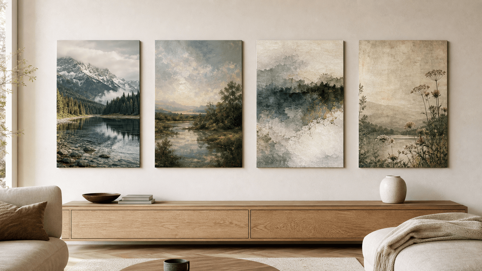 Four nature canvas artworks on a neutral wall showing photographic, painterly, abstracted and vintage-inspired treatments.