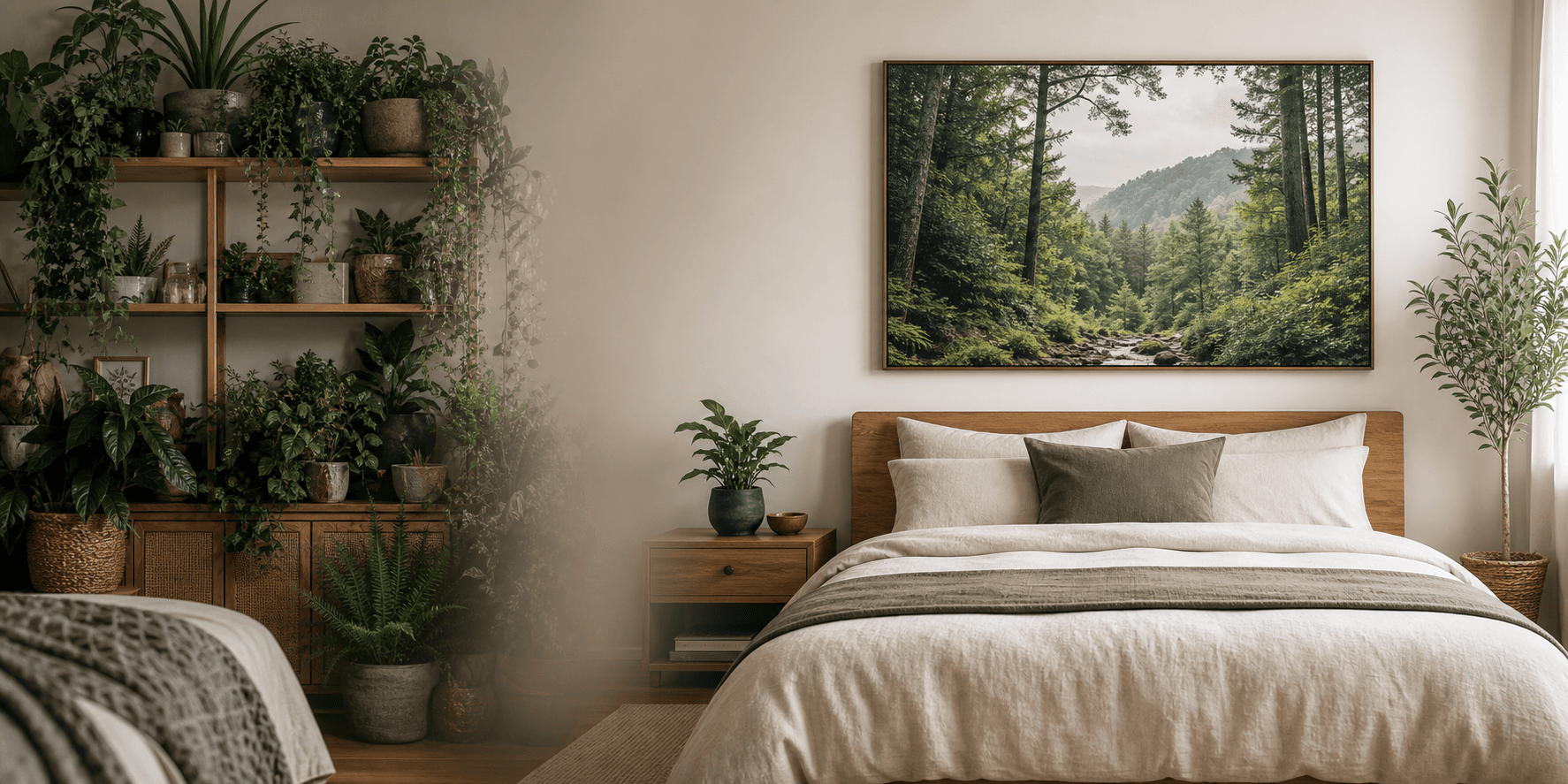 A cluttered plant shelf fading into a clean bedroom wall with one large nature canvas and a single plant.