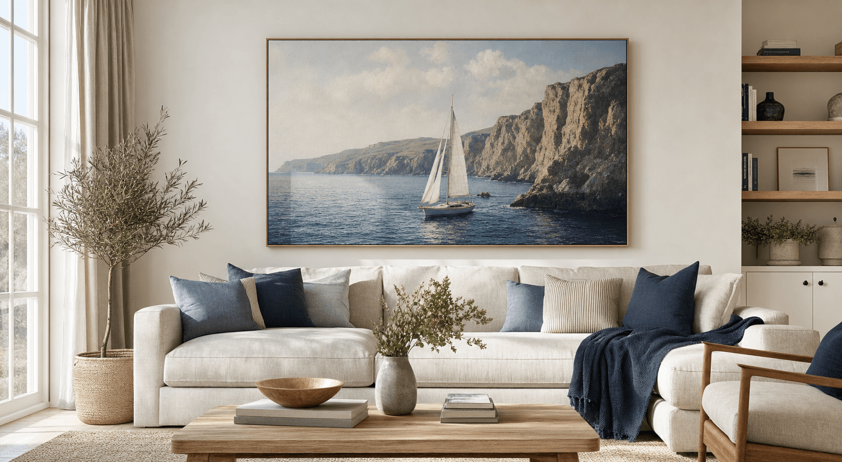 Modern UK living room with a large sailboat canvas above a linen sofa.