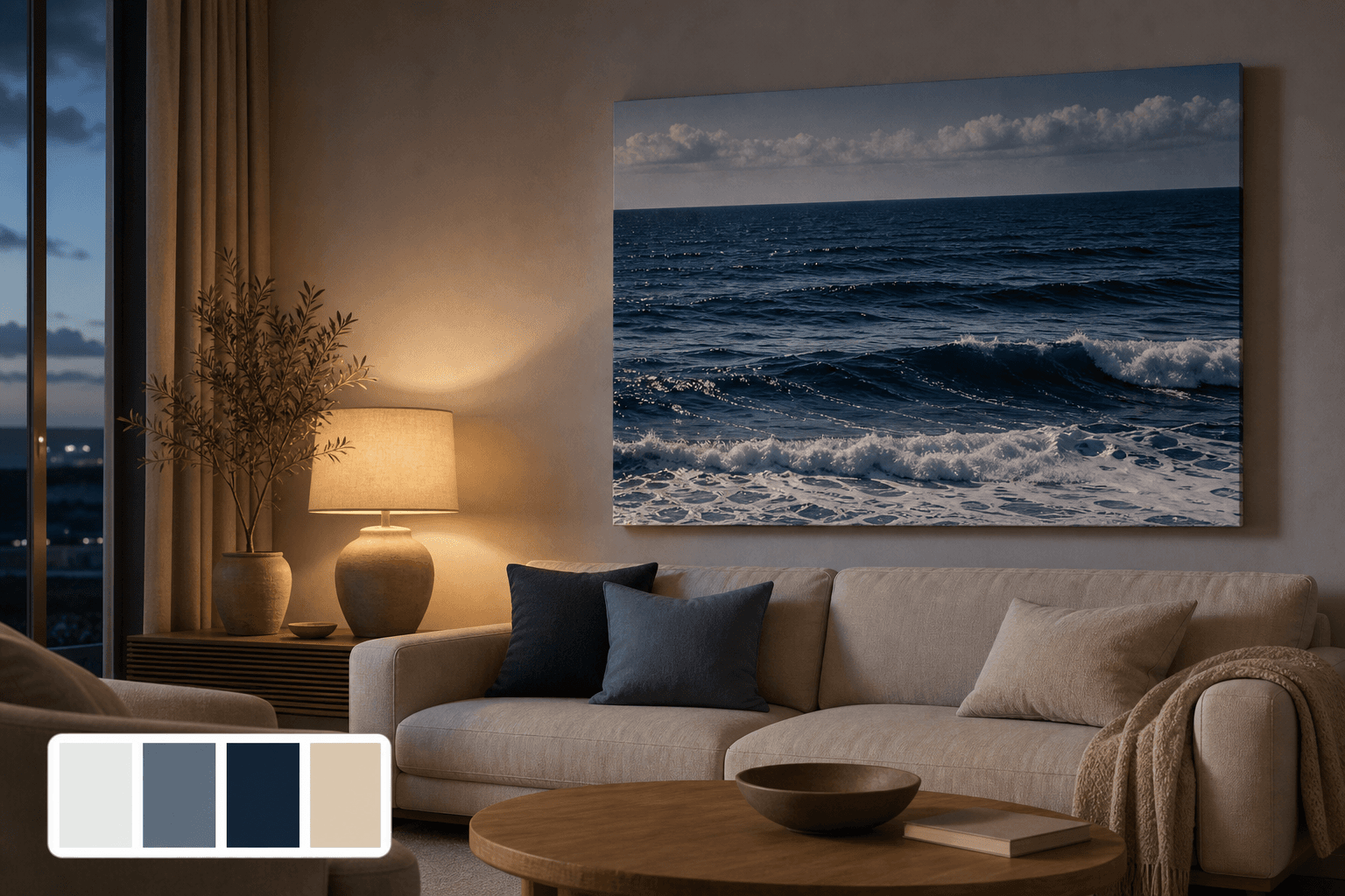 Warm evening living room with a deep blue ocean canvas above a sofa.
