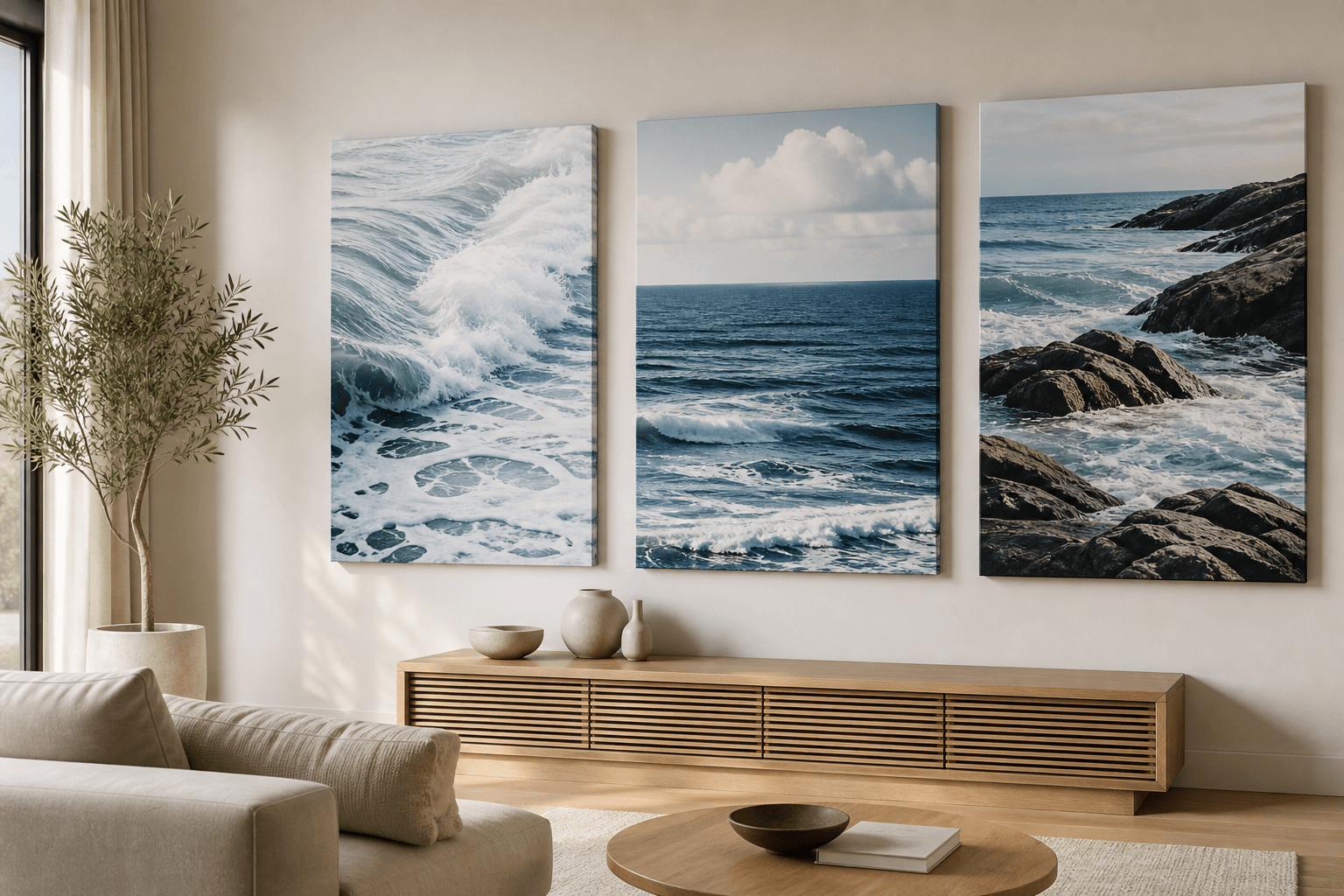 Three ocean canvas prints above a neutral sofa and oak console.
