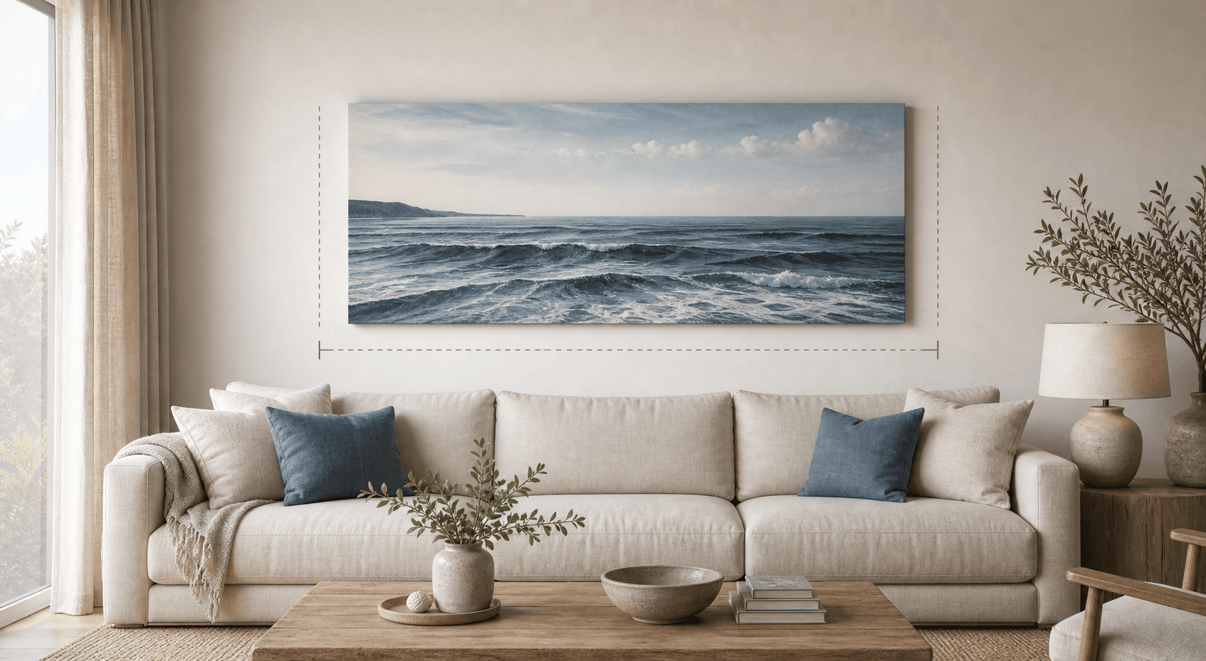 Wide seascape canvas above a neutral sofa with subtle measurement guide marks.