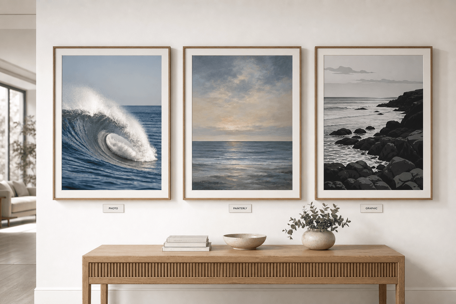 Three framed coastal artworks comparing a photographic wave, painterly horizon and graphic monochrome shore.