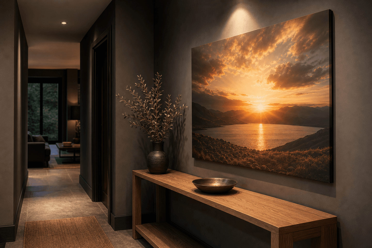 Dark-neutral hallway with a bold sunburst canvas over a slim console, single spotlight and warm natural materials.
