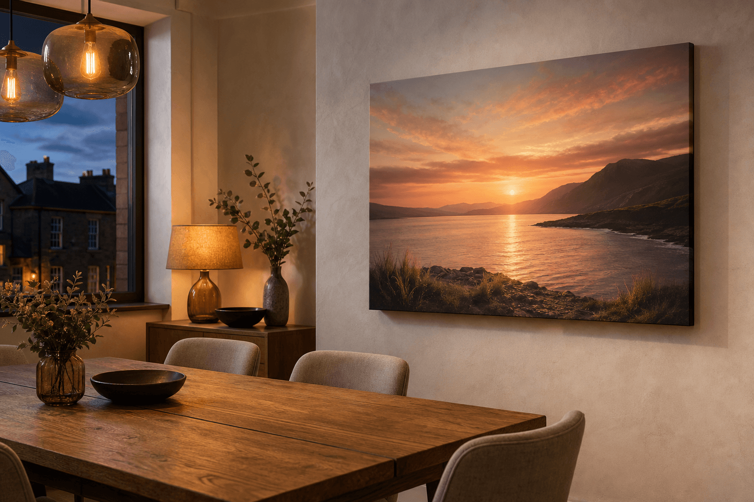 Dining room wall with one warm sunset canvas, amber table light, wood tones, muted peach and deep blue accents.