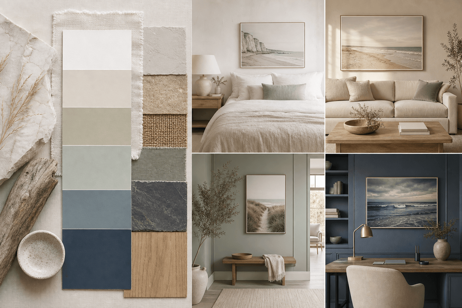 Coastal colour swatches beside beach artwork in chalk, sand, dune green and storm blue rooms.