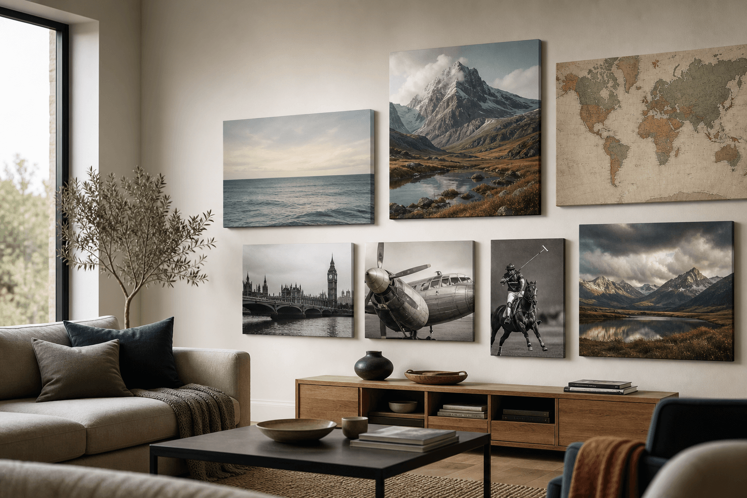 Modern UK living room wall arranged with ocean, mountain, world map, black and white city, aviation and sports canvas prints.
