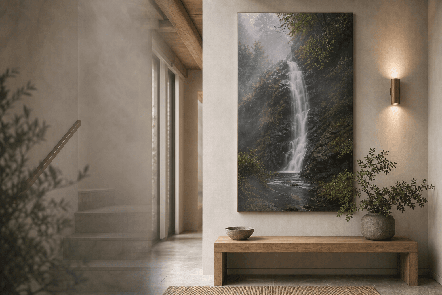 A vertical waterfall canvas in a softly lit hallway with mist, stone and oak details.