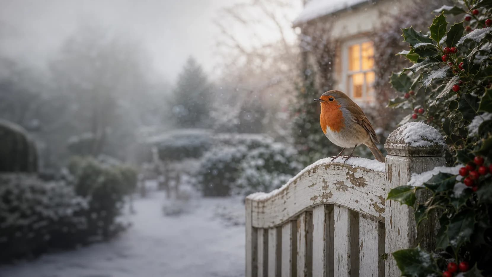Robin perched on a snowy British garden gate, symbolising Britain's love of garden birds.