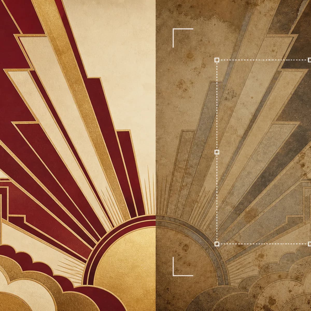 Art Deco sunburst poster half-restored in vivid colour and half-faded, with editor's crop marks over the faded half.