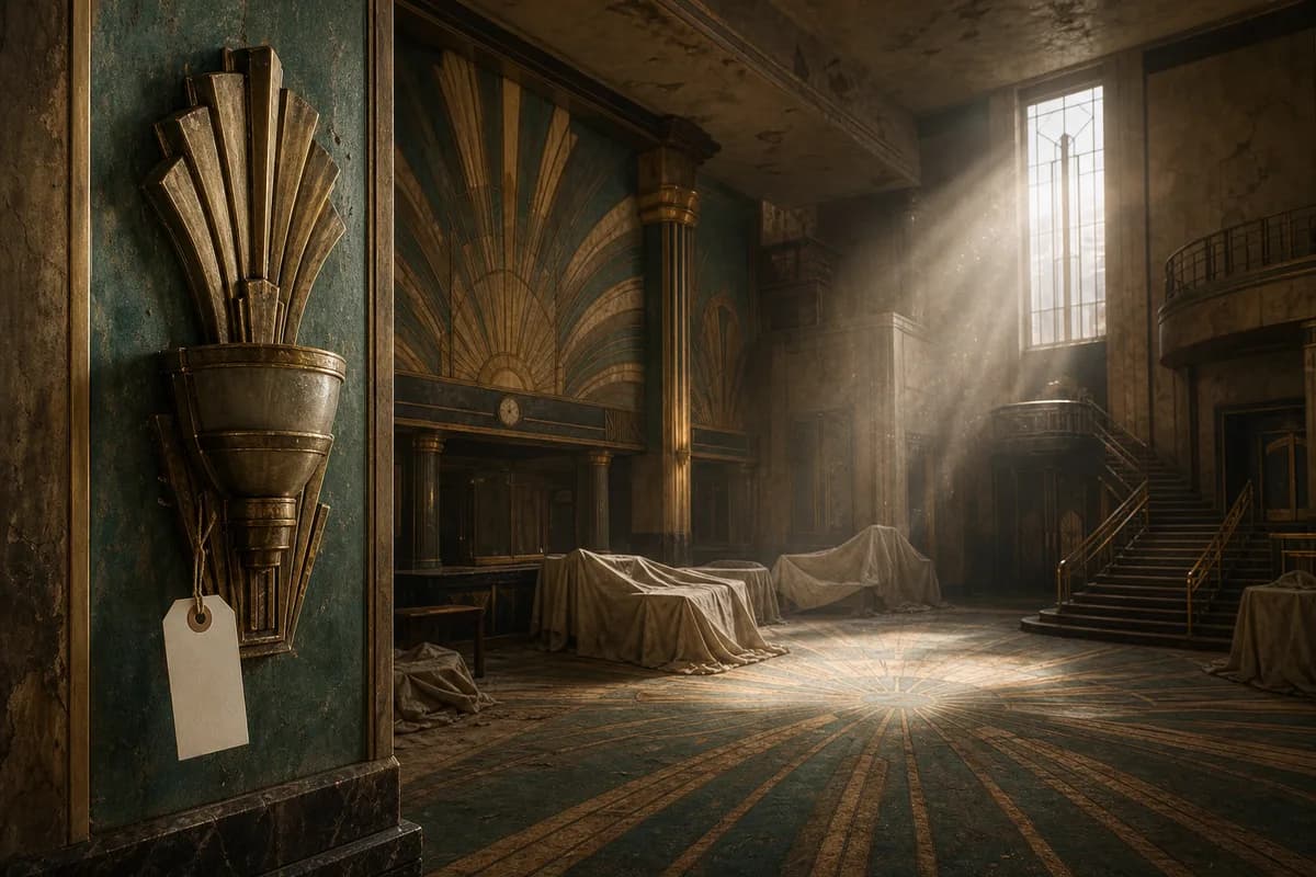 Dusty 1920s cinema foyer with grand Art Deco fan motifs, a single shaft of light, and a modern auction tag hanging from a sconce.