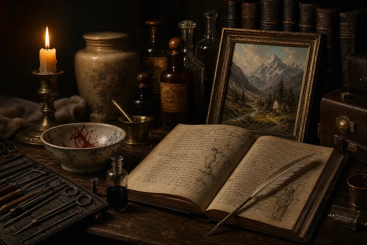 Eighteenth-century physician's desk with medical instruments, an open Latin ledger and a small framed alpine landscape.