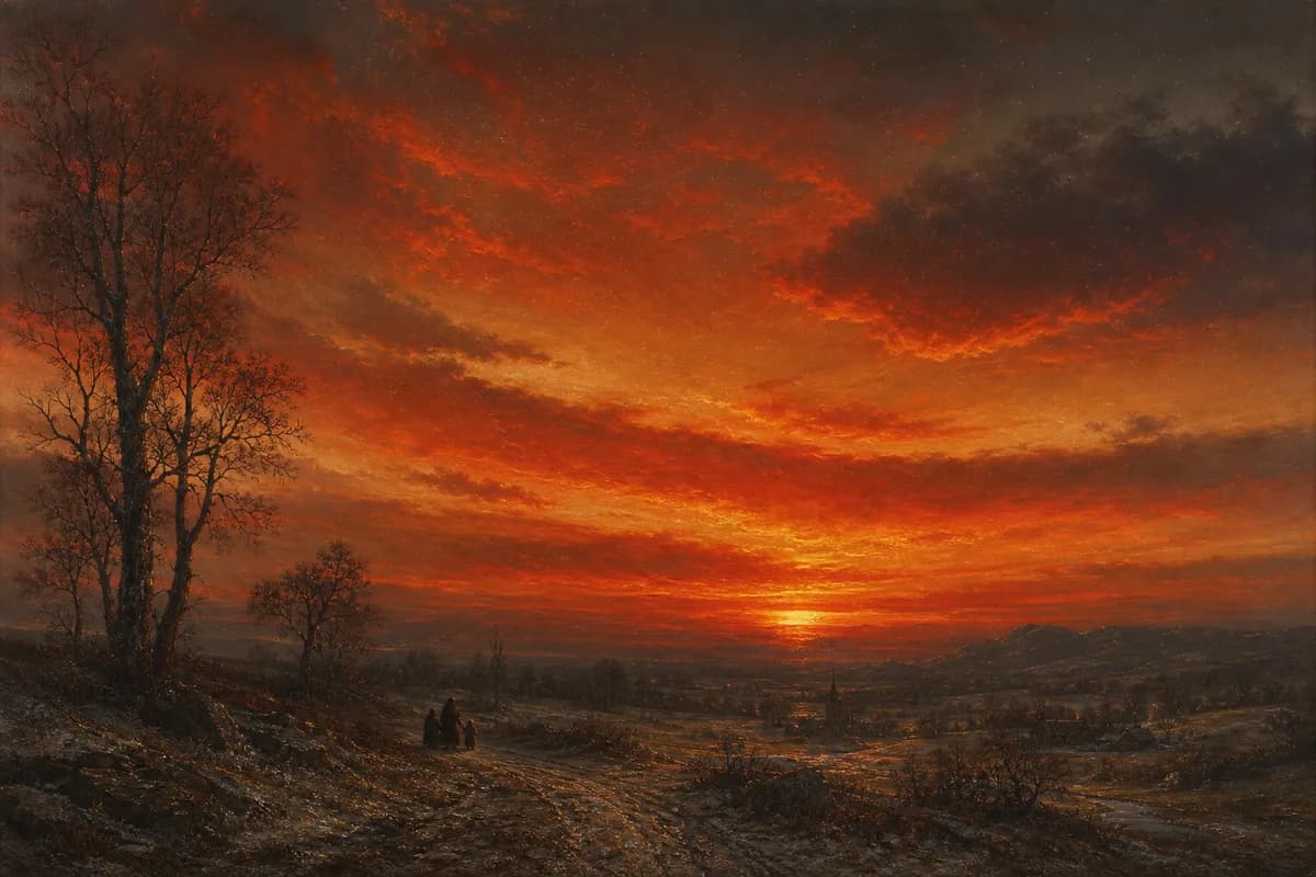 Romantic nineteenth-century style blazing red sunset over a cold landscape, with faint ash particles drifting in the light.