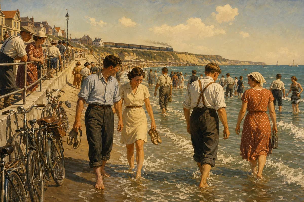 1930s French beach scene with factory workers in rolled trousers and Sunday clothes paddling in the sea, bicycles on the promenade.