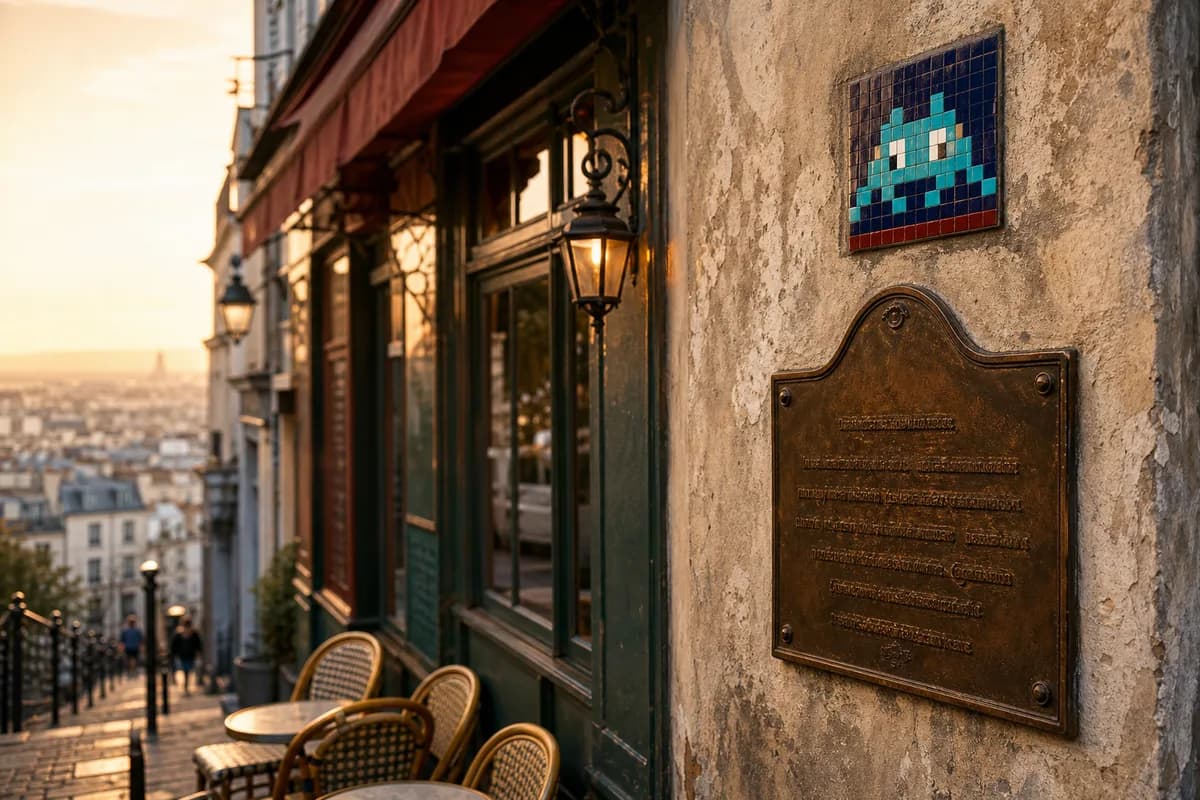 Montmartre cafe wall with an illegible bronze plaque, and a small pixel-alien tile mosaic higher on the same wall.