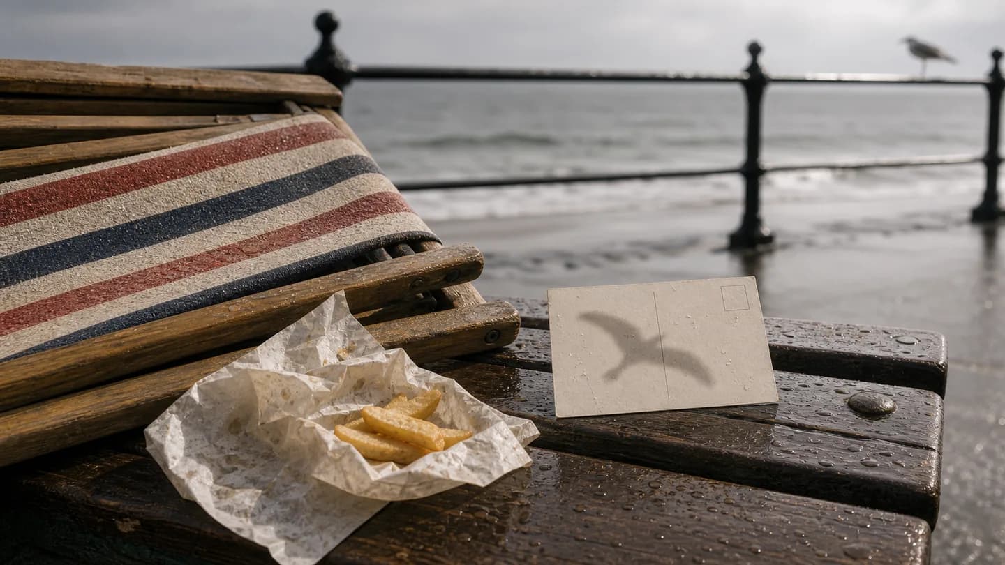 British seaside humour shown through deckchair stripes, chip paper and a gull shadow.