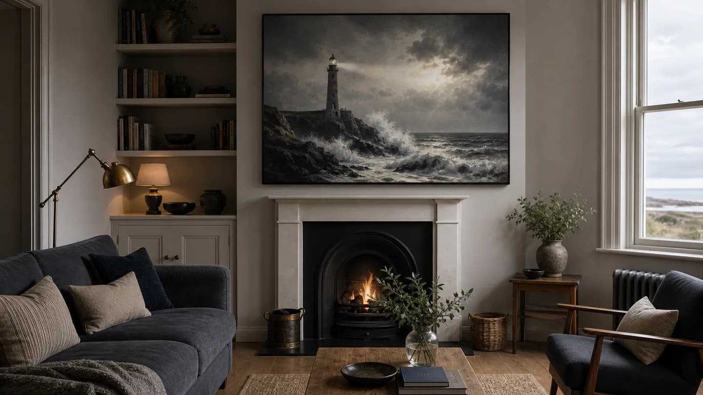 Modern British living room with large storm lighthouse coastal wall art.