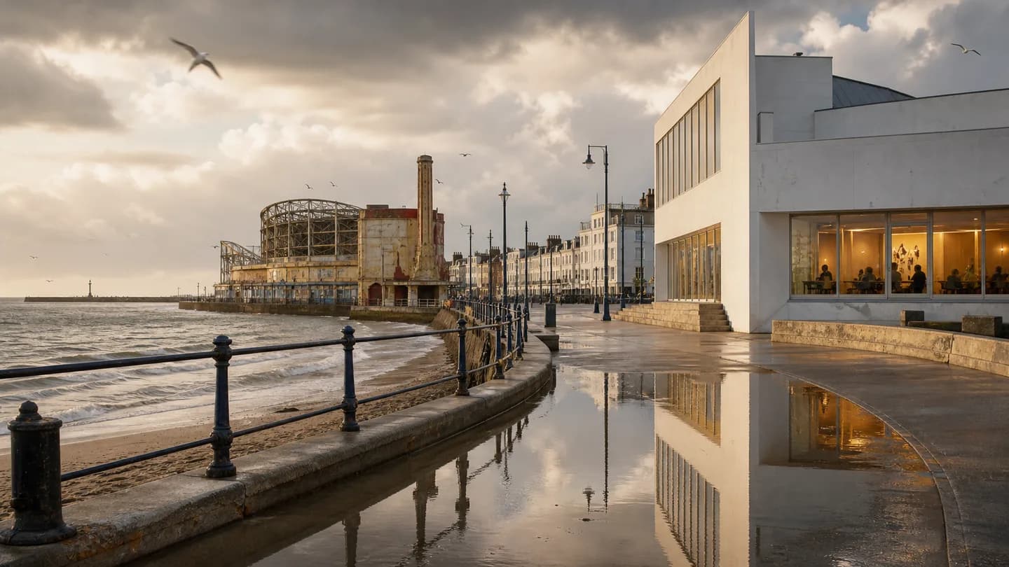 Margate-inspired seaside revival with contemporary gallery architecture and old amusement lights.
