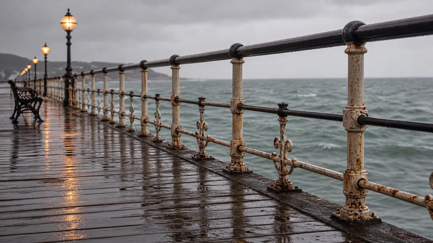 Wet boards and iron railings on a British seaside pier after rain.