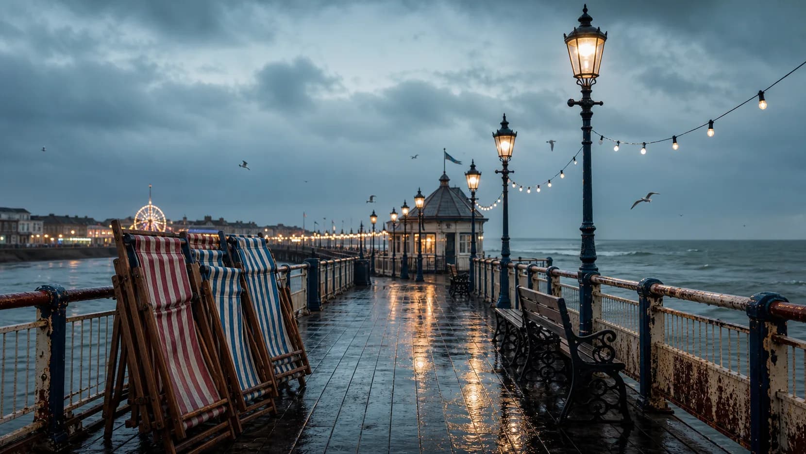 British seaside pier at dusk with nostalgic lights and wet promenade.