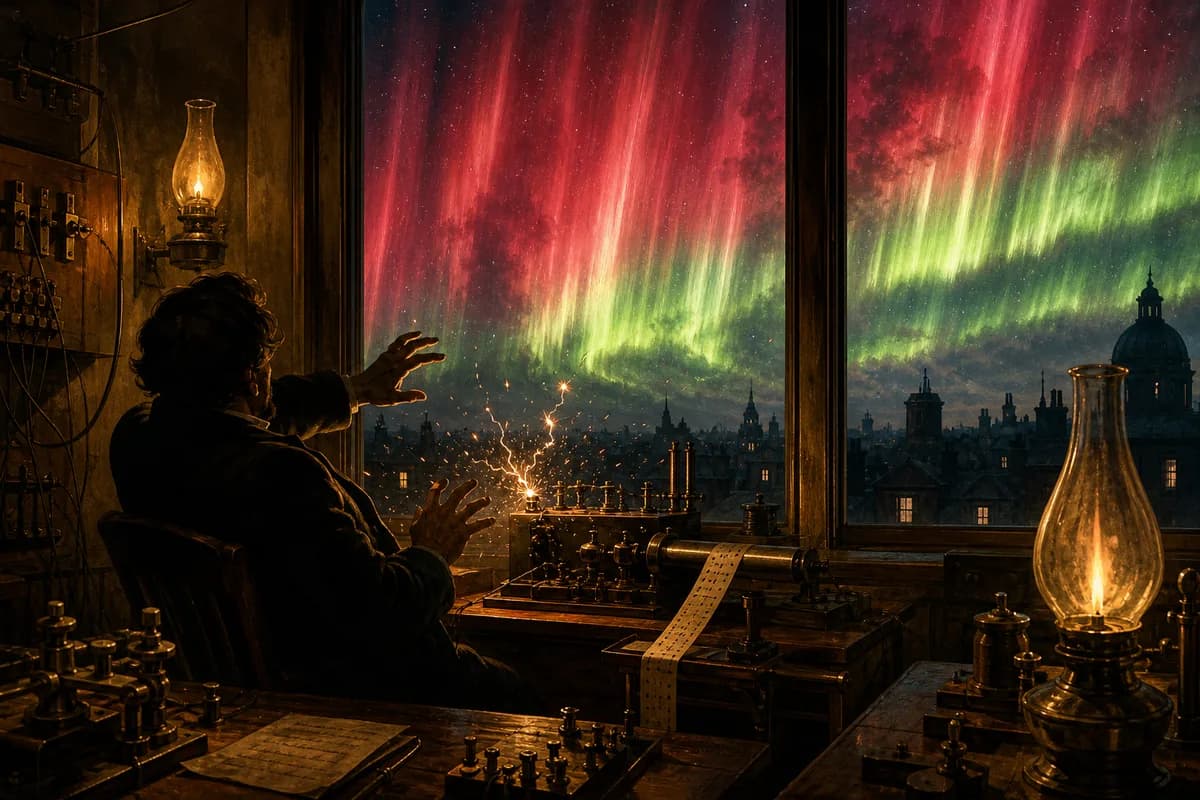 Victorian telegraph office at night with sparks at the equipment and an intense aurora filling the sky outside the window