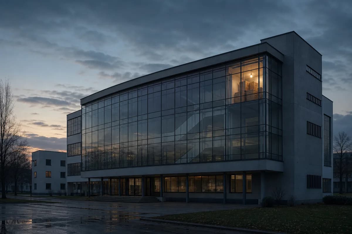 1930s modernist school building with glass curtain wall at dusk, one window lit, moving boxes visible