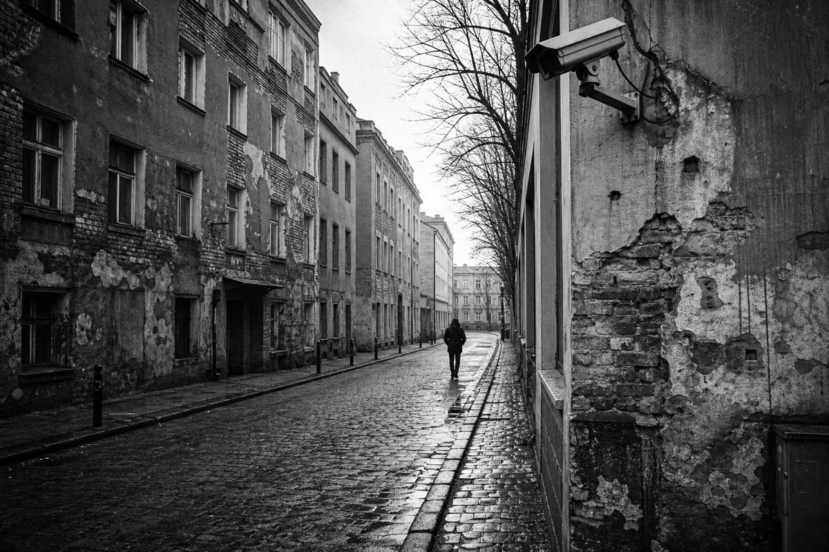 Grainy black and white Berlin street scene with peeling facades, a distant figure, and an old surveillance camera on a wall