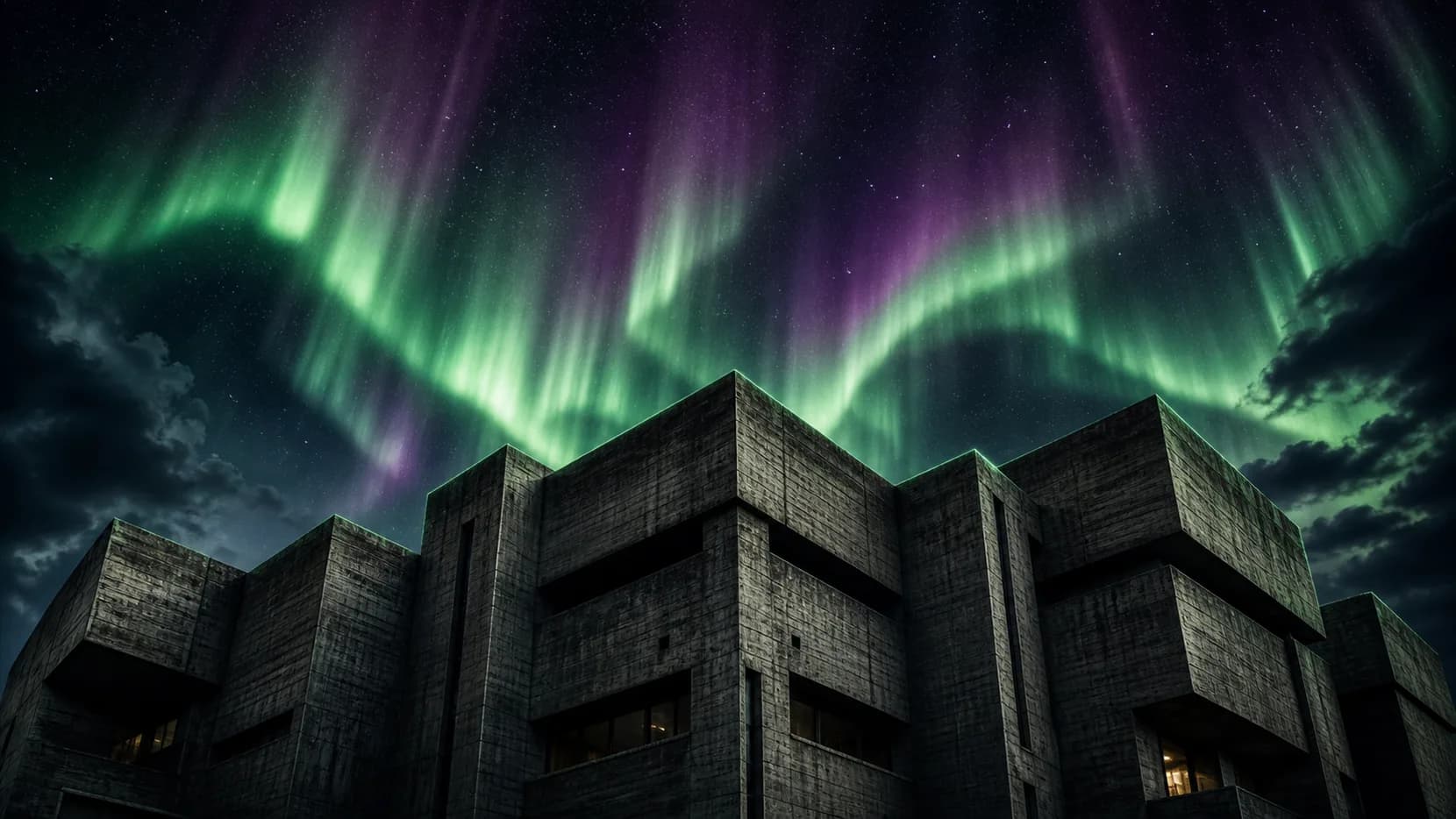 Raw brutalist concrete facade at night under a green aurora sky
