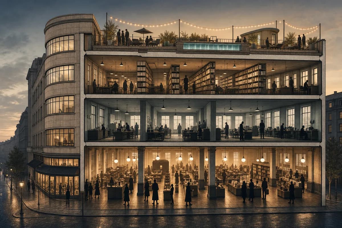 Cutaway illustration of one 1920s corner building shown in four historical layers from department store to rooftop members' club