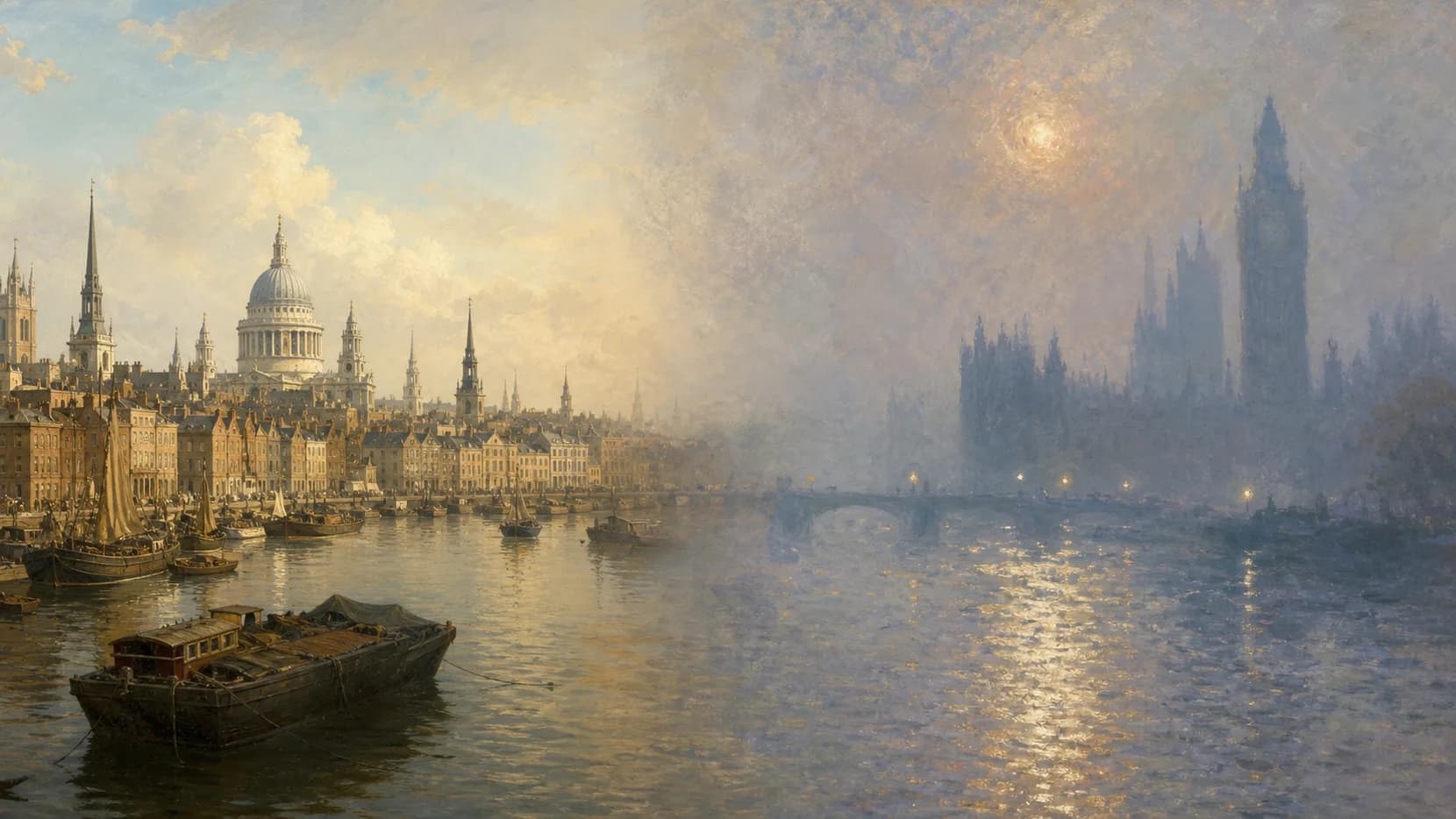 Split-panel illustration showing London changing from an ordered Canaletto-style river view to Monet-style fog.
