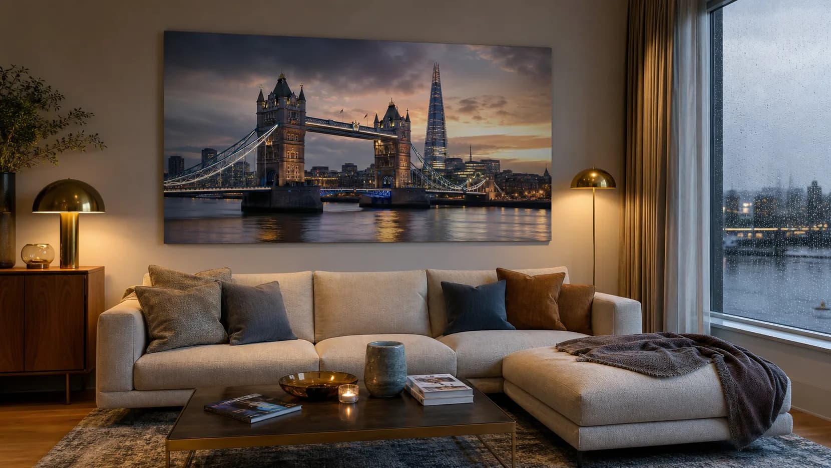 London Tower Bridge and Shard canvas print above a sofa in a modern British living room.