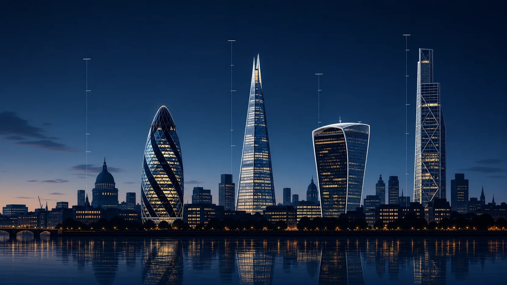 Silhouette graphic of the Gherkin, Shard, Walkie-Talkie and 1 Undershaft with Thames reflections.