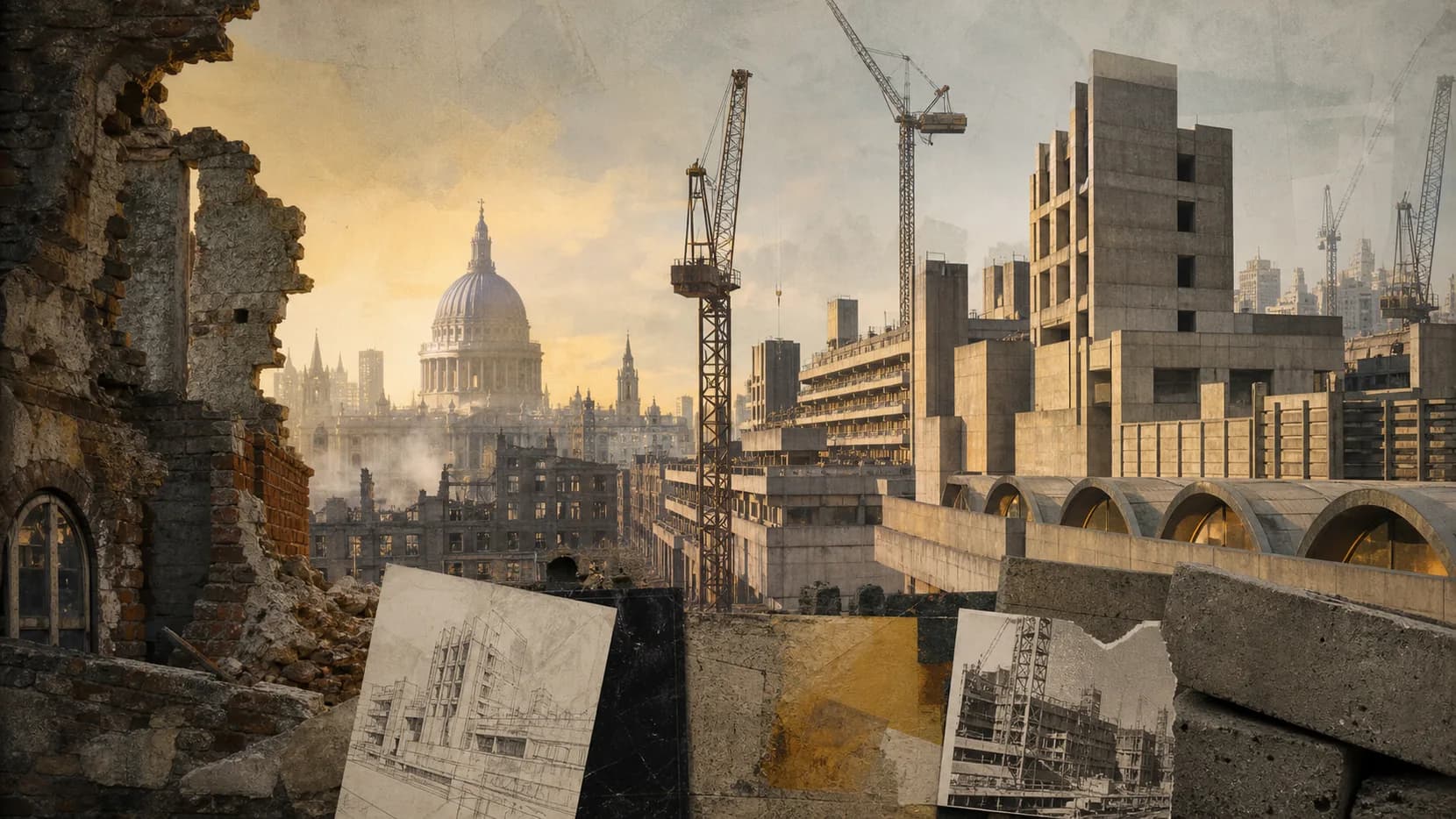 Editorial collage of post-war London with damaged masonry, cranes, Barbican concrete forms and St Pauls in the distance.