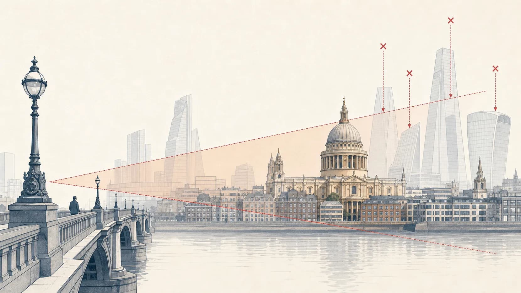 Protected London sightline diagram pointing from a Thames bridge towards St Pauls Cathedral.