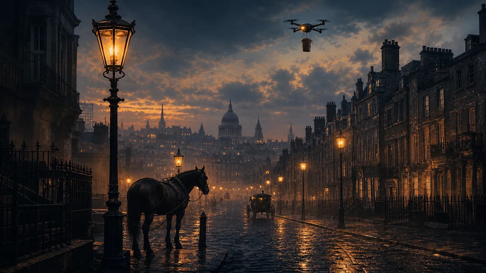 Victorian gaslit London street with a modern delivery drone hovering above, past and future city colliding
