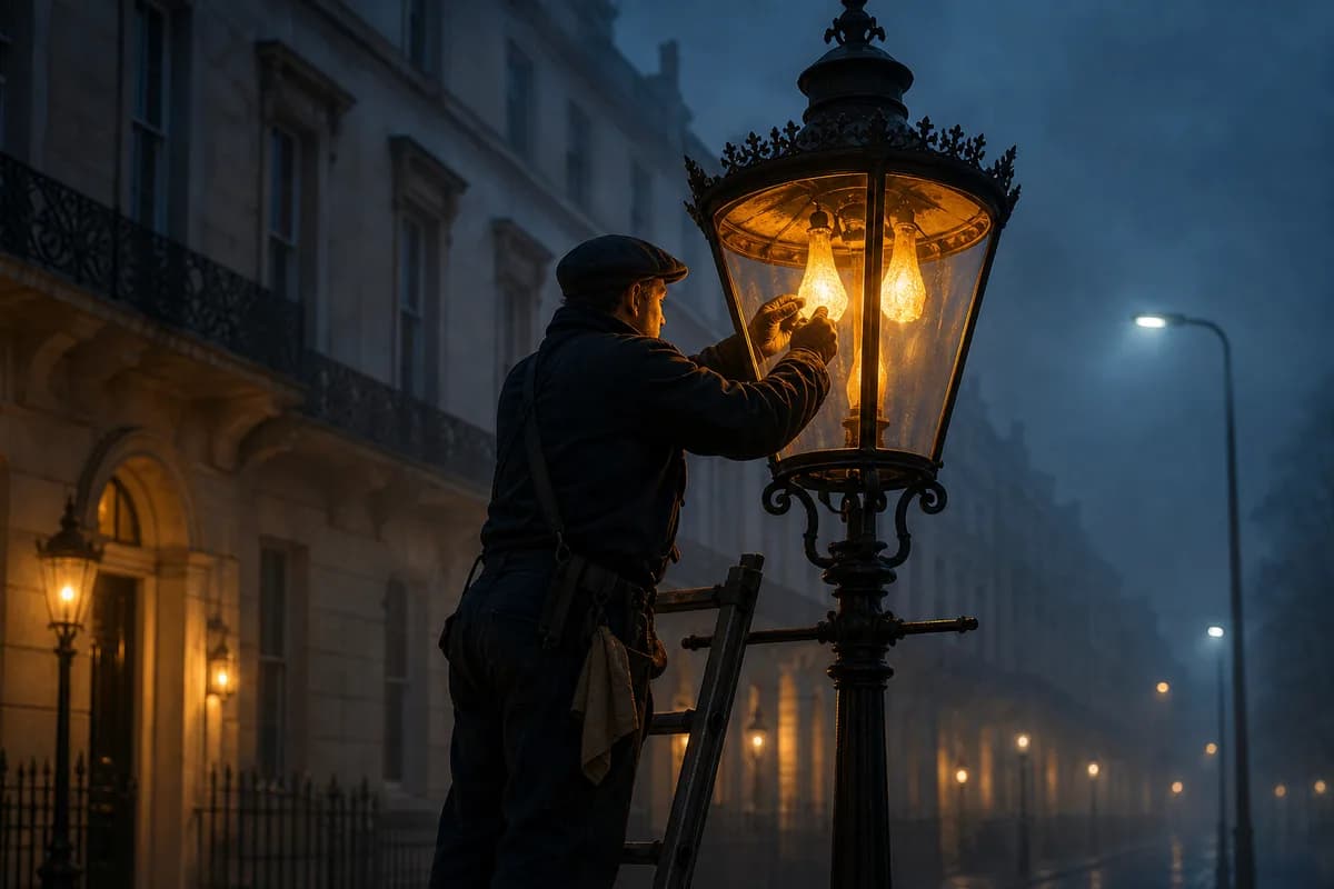 Lamplighter on a ladder tending a glowing Victorian gas lamp on a misty London evening street