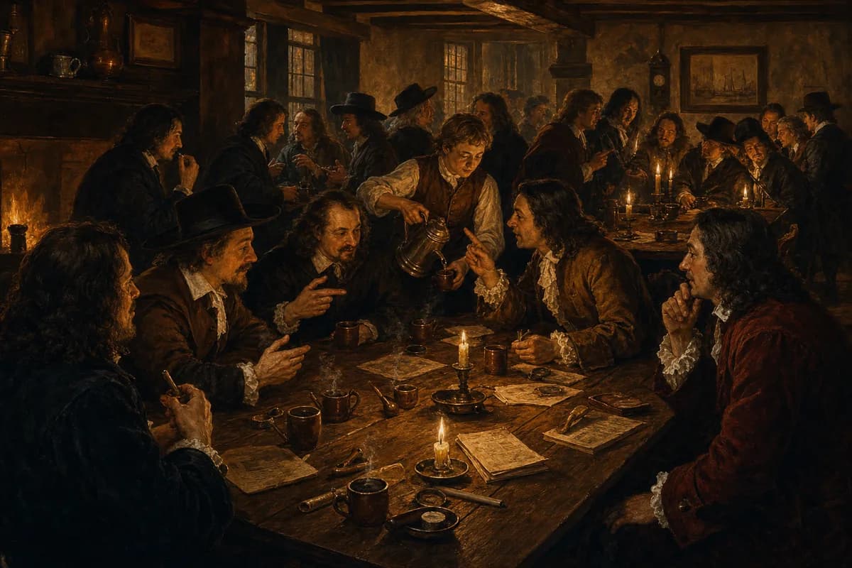 Candlelit seventeenth-century London coffeehouse interior with men debating around a long wooden table