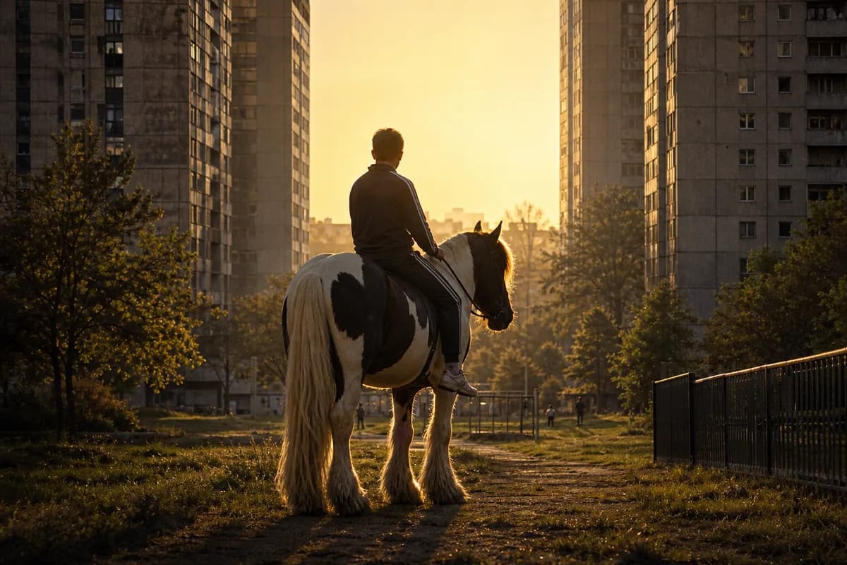 Silhouette of a young rider bareback on a horse between tall housing blocks at golden hour