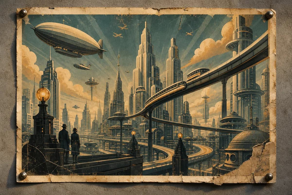 1930s retro-futurist poster style city with monorails and airships, rendered as an aged, peeling print