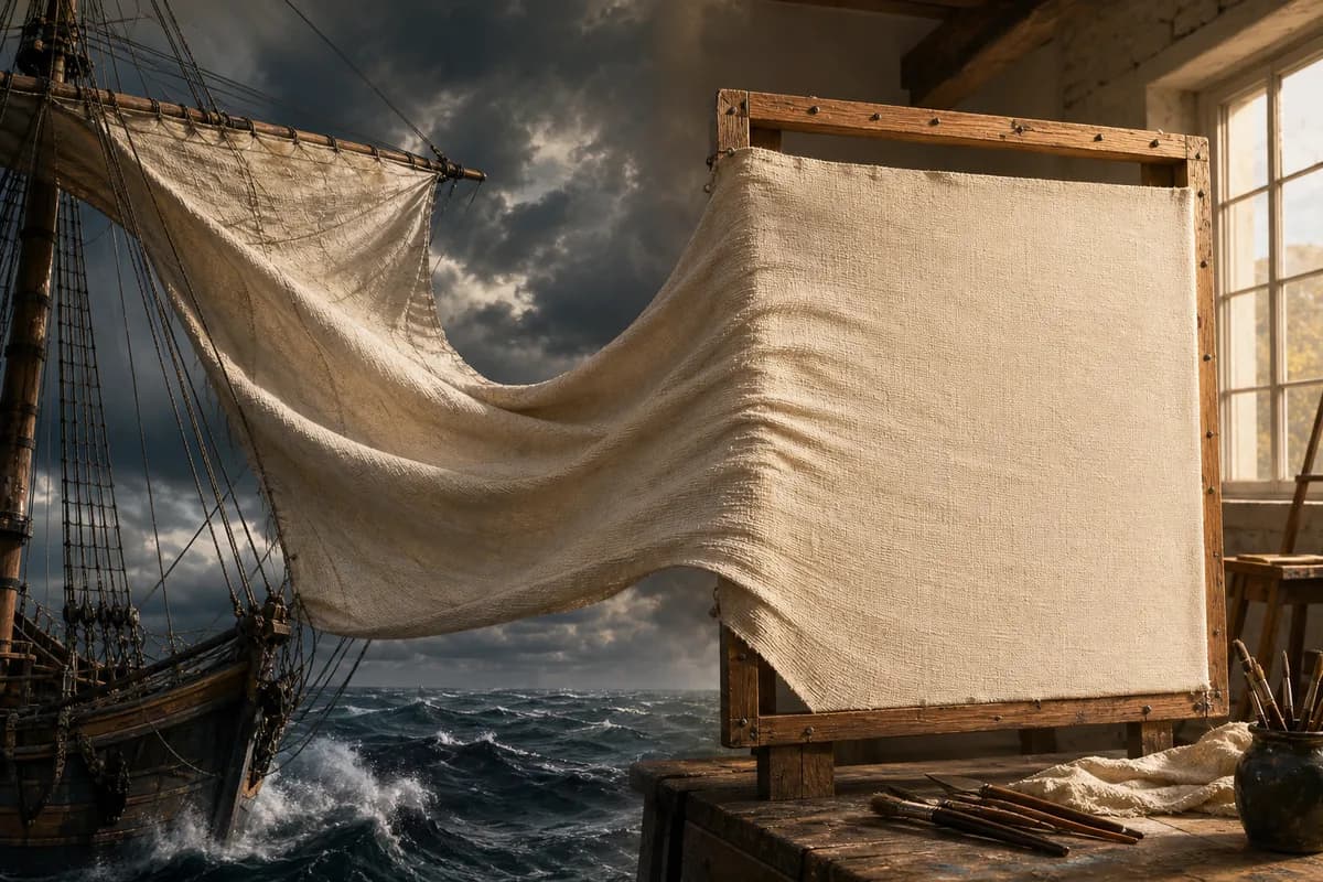 Split image of billowing ship sailcloth transforming into a stretched artist's canvas on a wooden frame